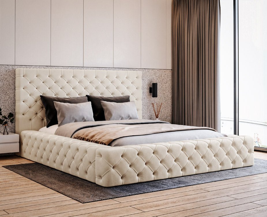 Designer upholstered bed Prestige in velvet with storage