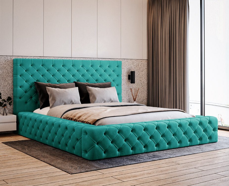 Designer upholstered bed Prestige in velvet with storage