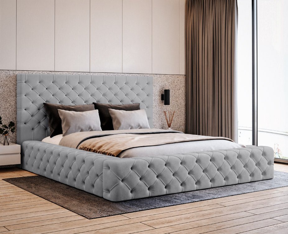 Designer upholstered bed Prestige in velvet with storage