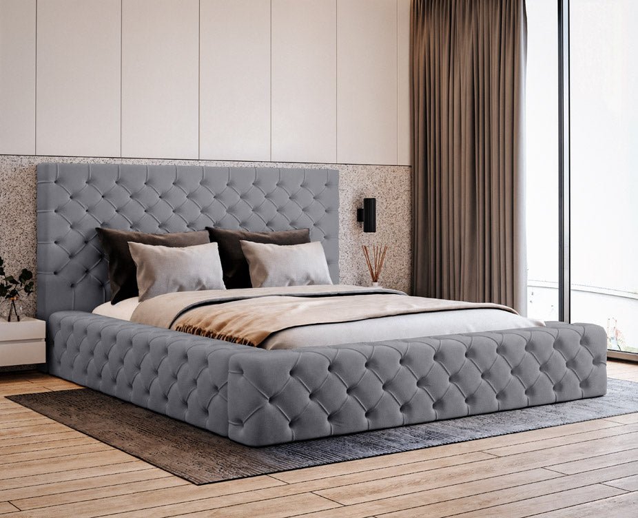 Designer upholstered bed Prestige in velvet with storage