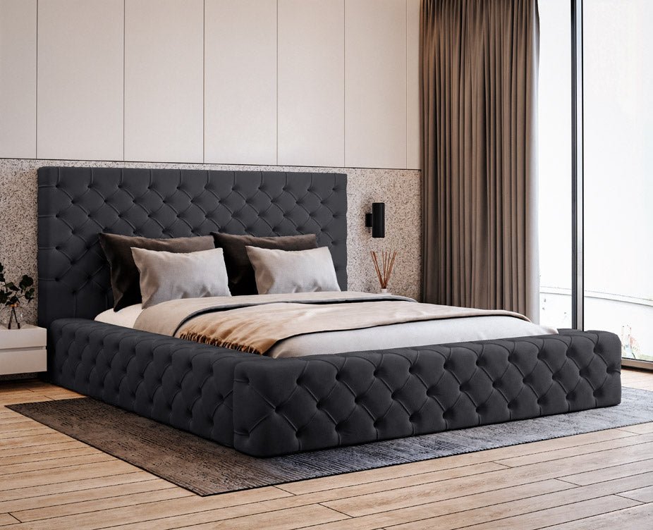Designer upholstered bed Prestige in velvet with storage