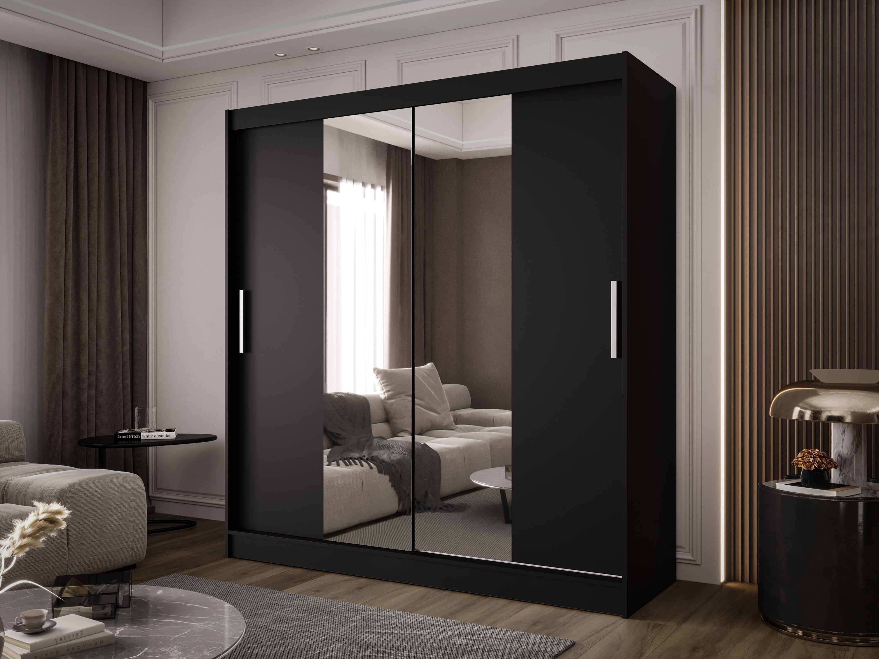 Designer Wardrobe Vireo – White or Black with Mirror Door and Sliding Doors