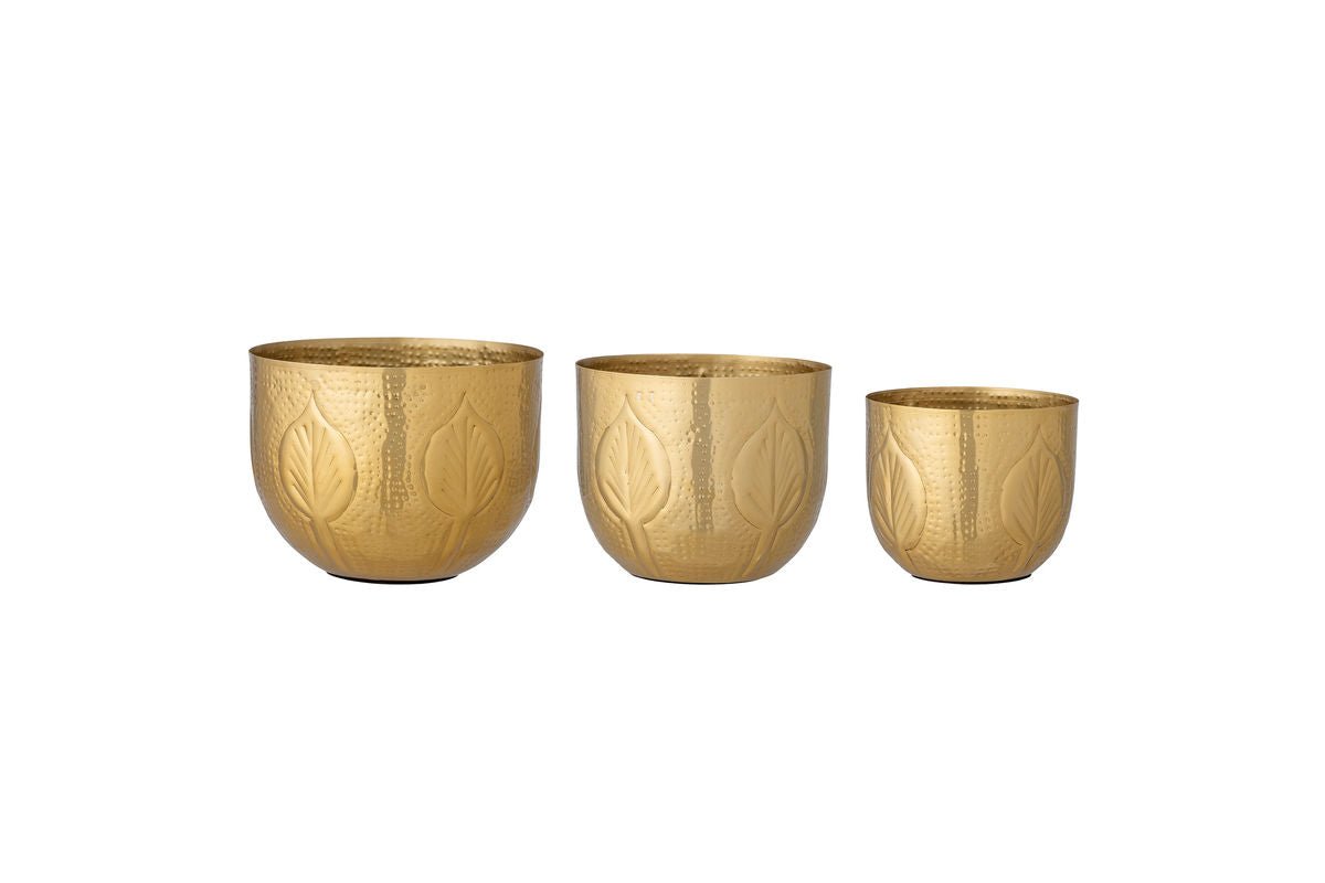 Carmen Flower Pot Set – Leaf Relief in Warm Brass Finish (Set of 3)