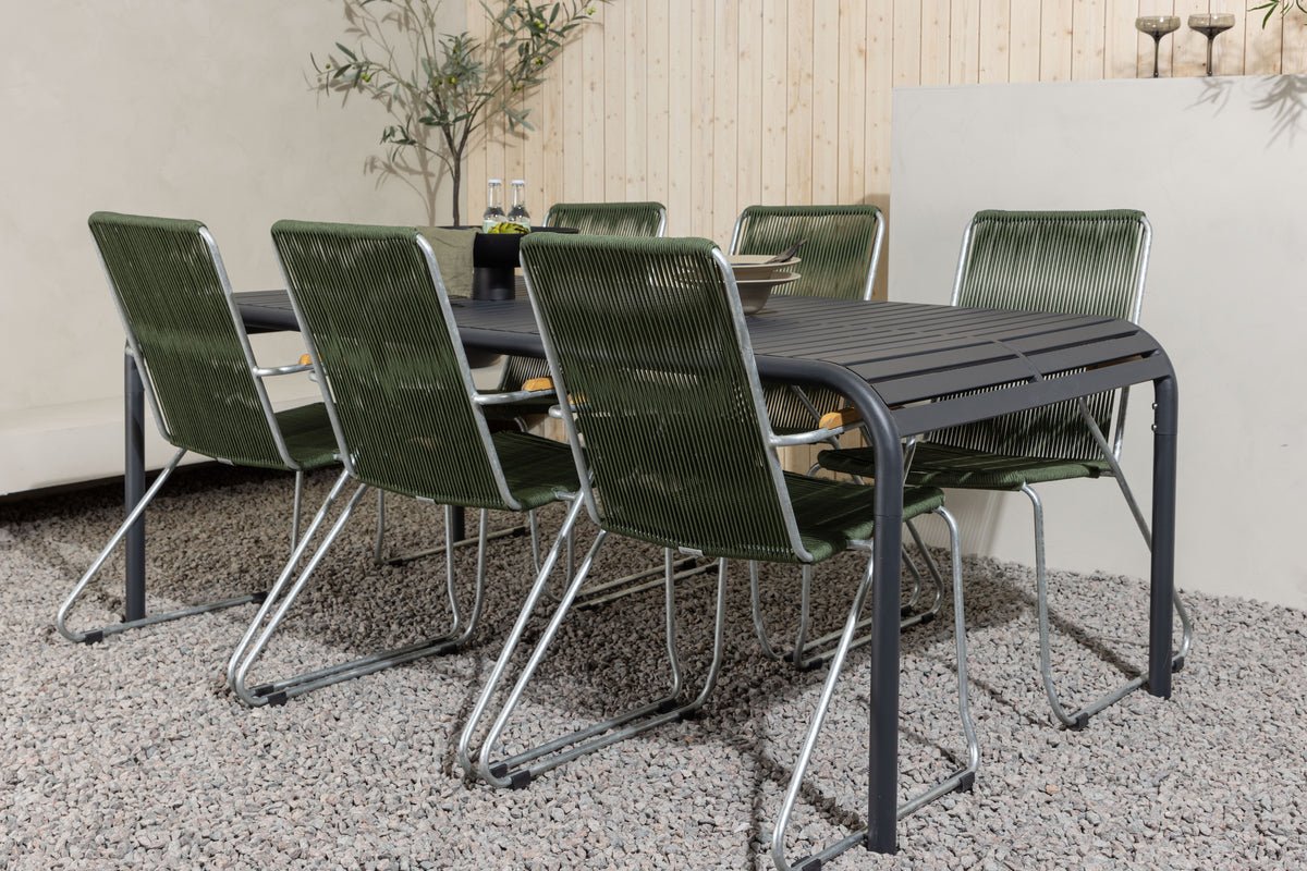 Garden Dining Set Bloom – 7-piece Outdoor Furniture Set with Green Stackable Chairs