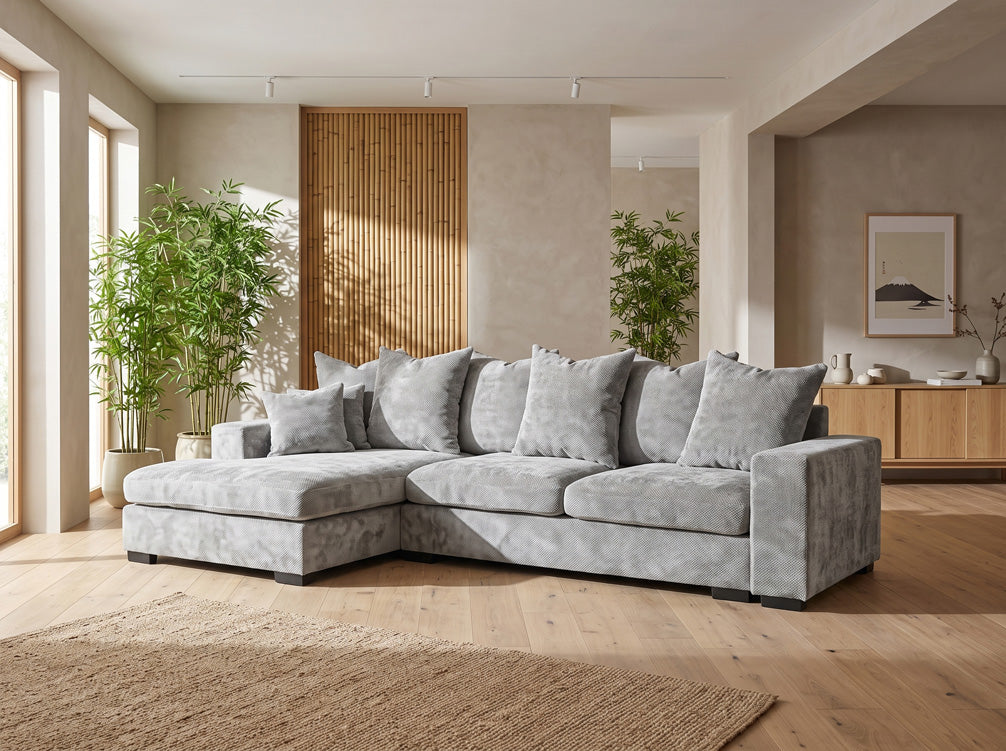 Designer sofa Selena L with sleeping function in textured fabric