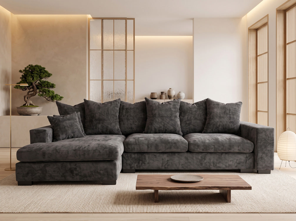 Designer sofa Selena L with sleeping function in textured fabric