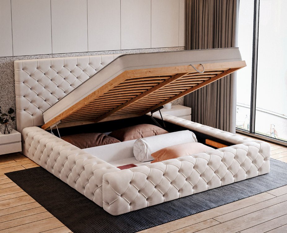 Designer upholstered bed Prestige in velvet with storage