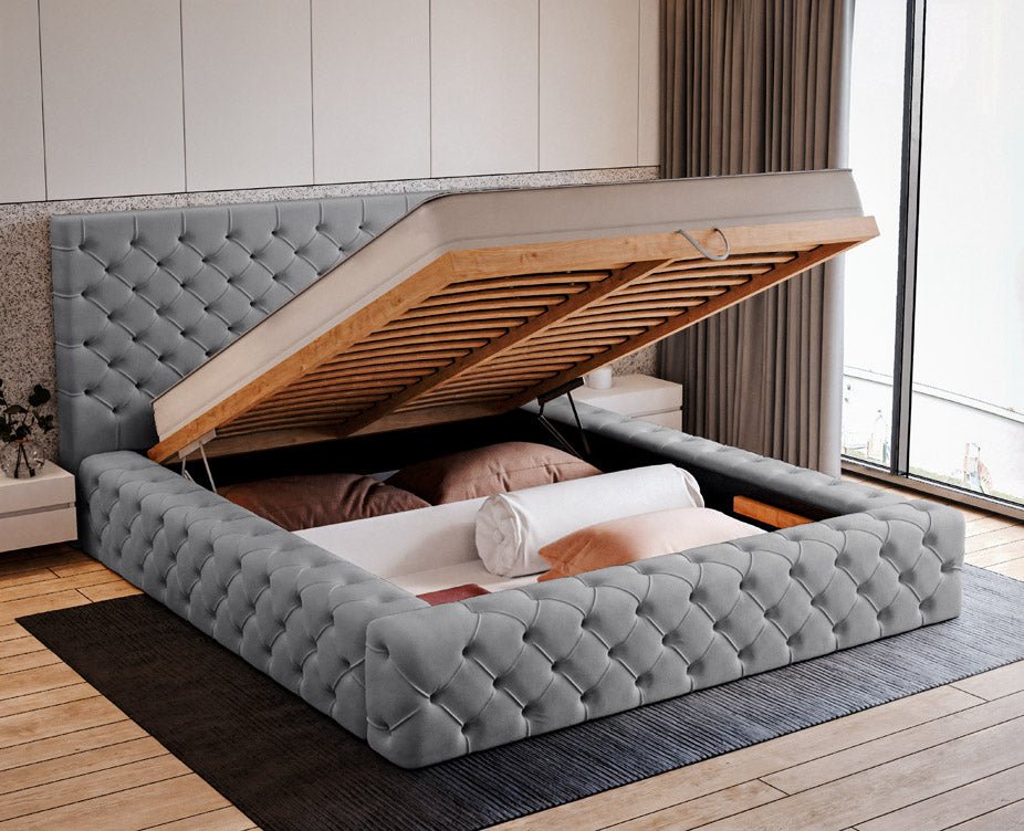 Designer upholstered bed Prestige in velvet with storage