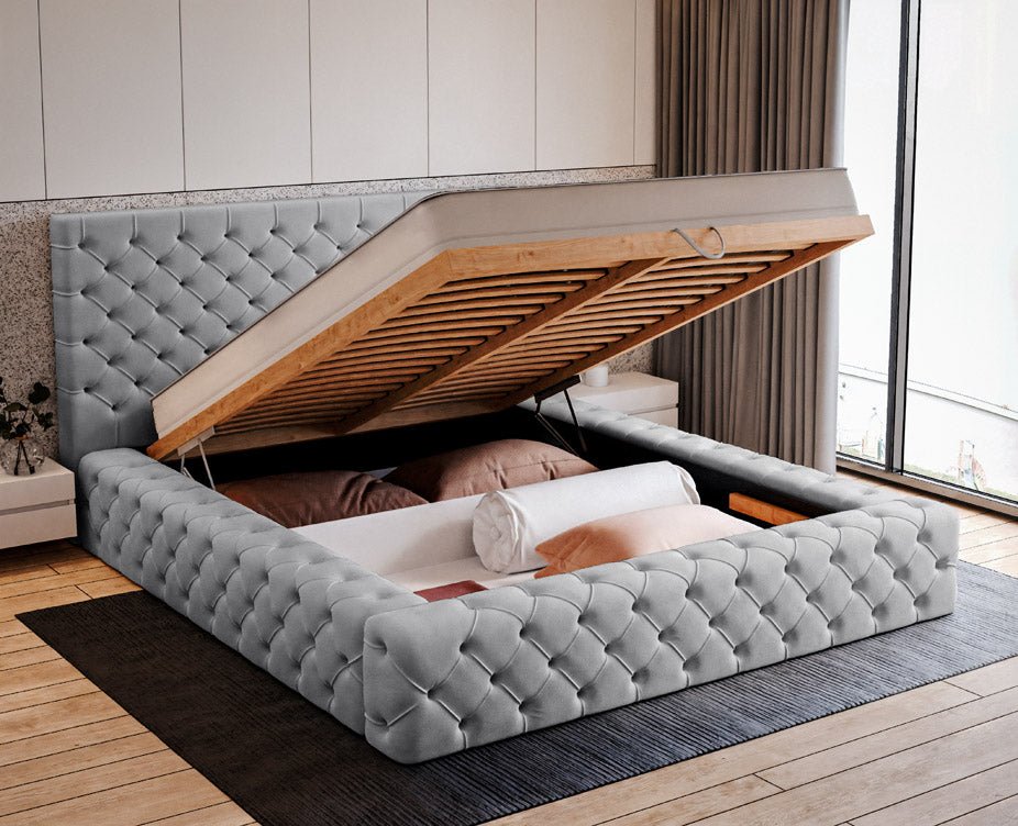 Designer upholstered bed Prestige in velvet with storage