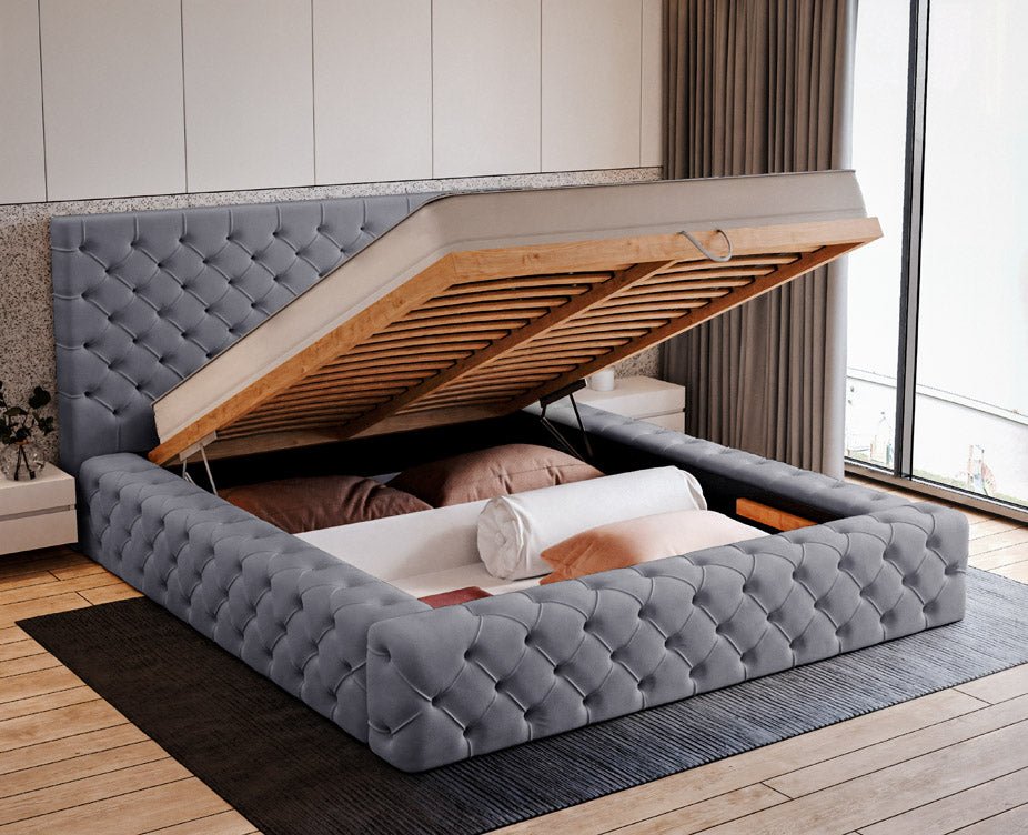 Designer upholstered bed Prestige in velvet with storage