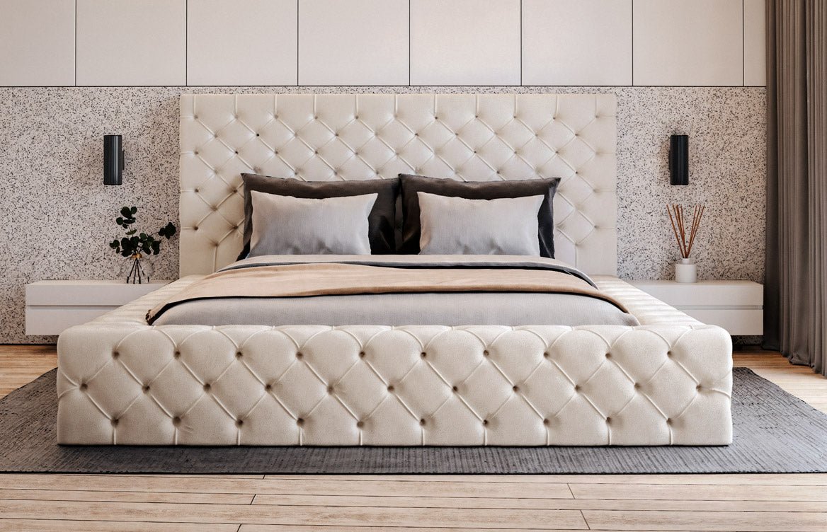 Designer upholstered bed Prestige in velvet with storage