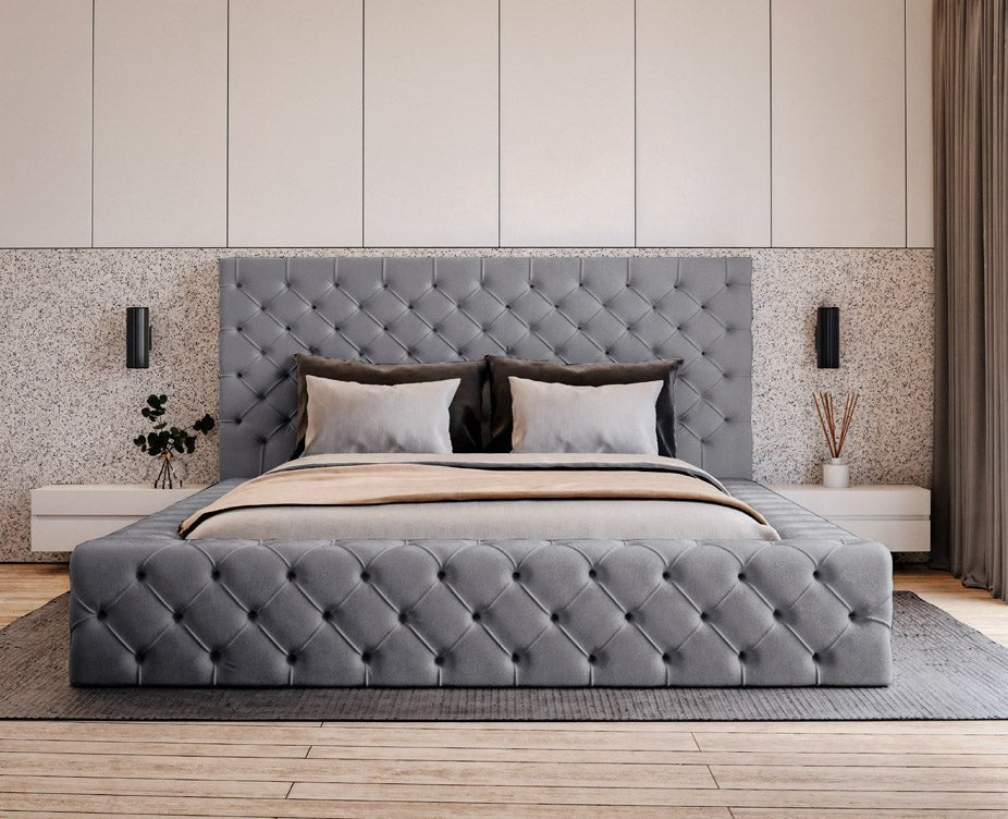 Designer upholstered bed Prestige in velvet with storage