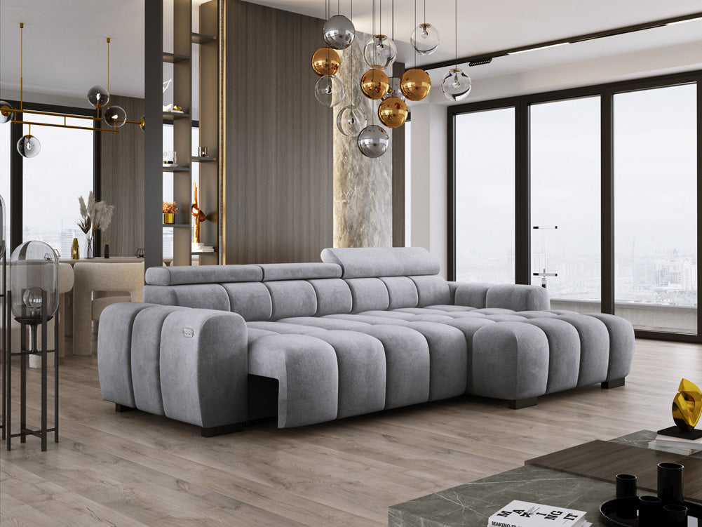Designer sofa Amalfi in velvet with electric seat extension