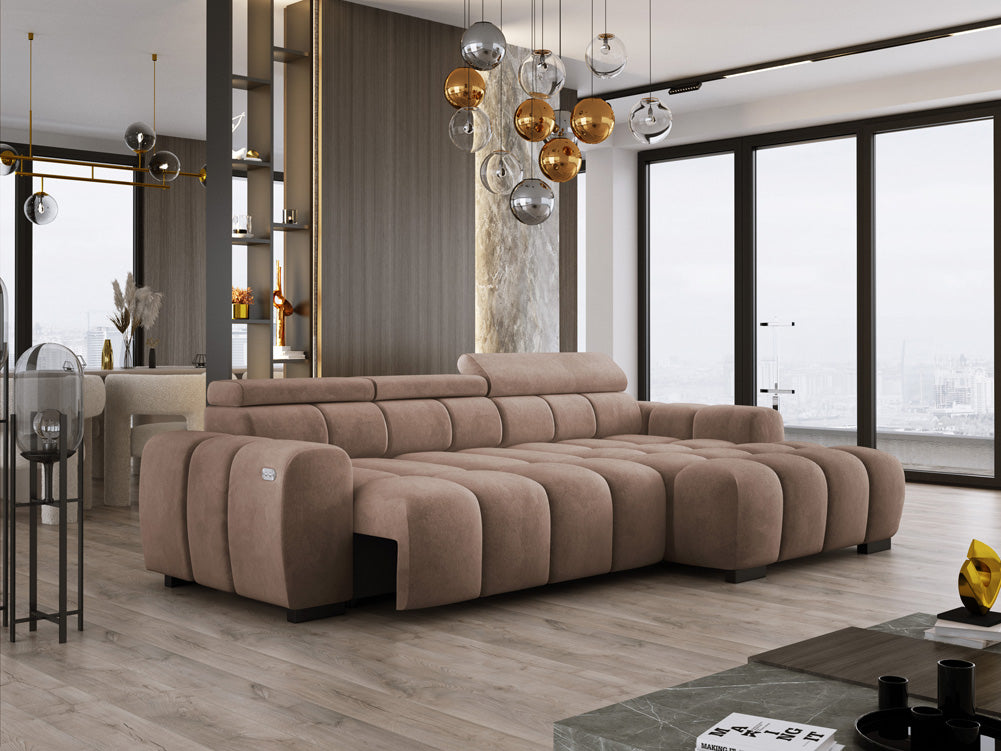 Designer sofa Amalfi in velvet with electric seat extension