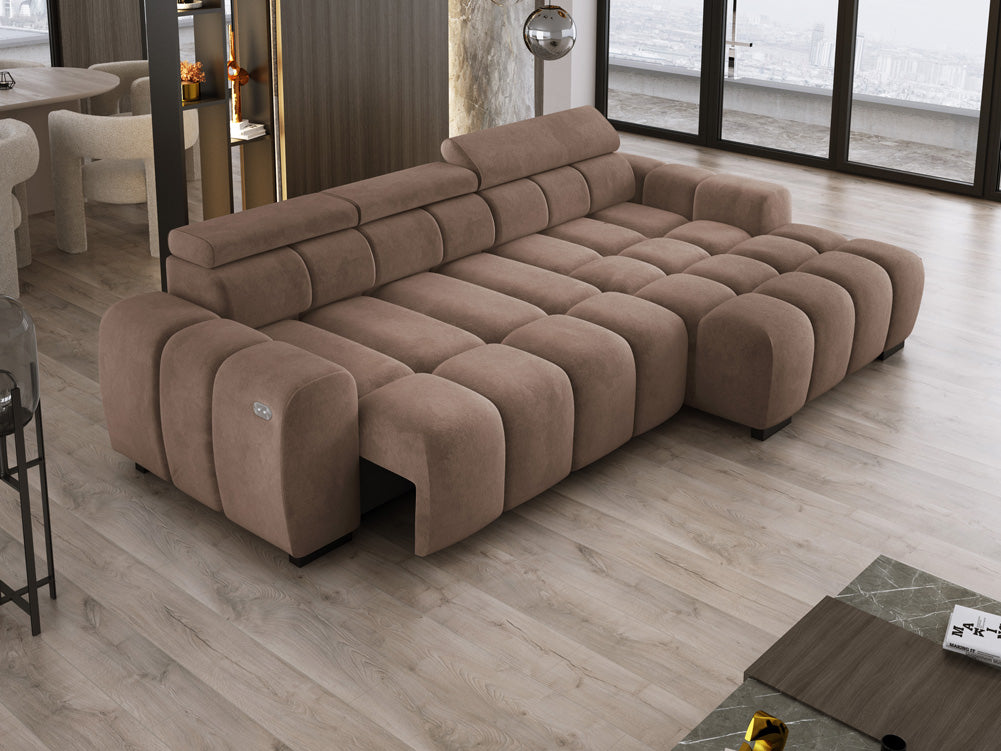 Designer sofa Amalfi in velvet with electric seat extension