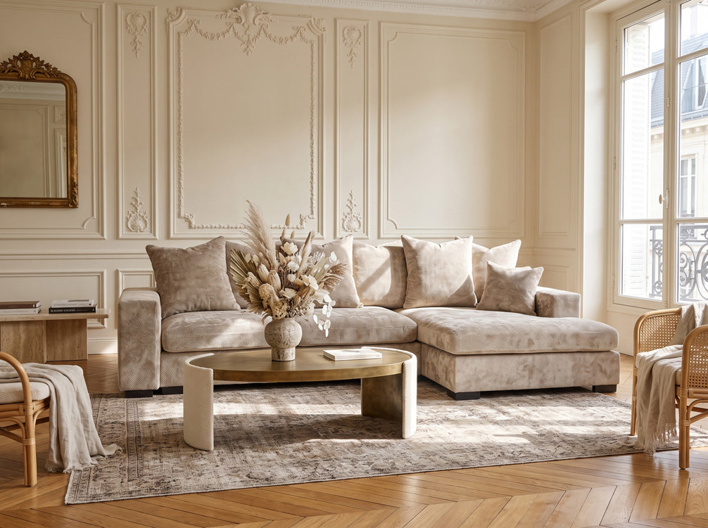 Designer sofa Selena L with sleeping function in textured fabric
