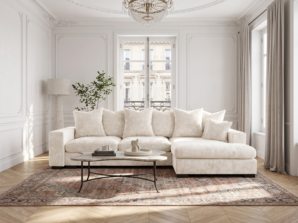 Designer sofa Selena L with sleeping function in textured fabric