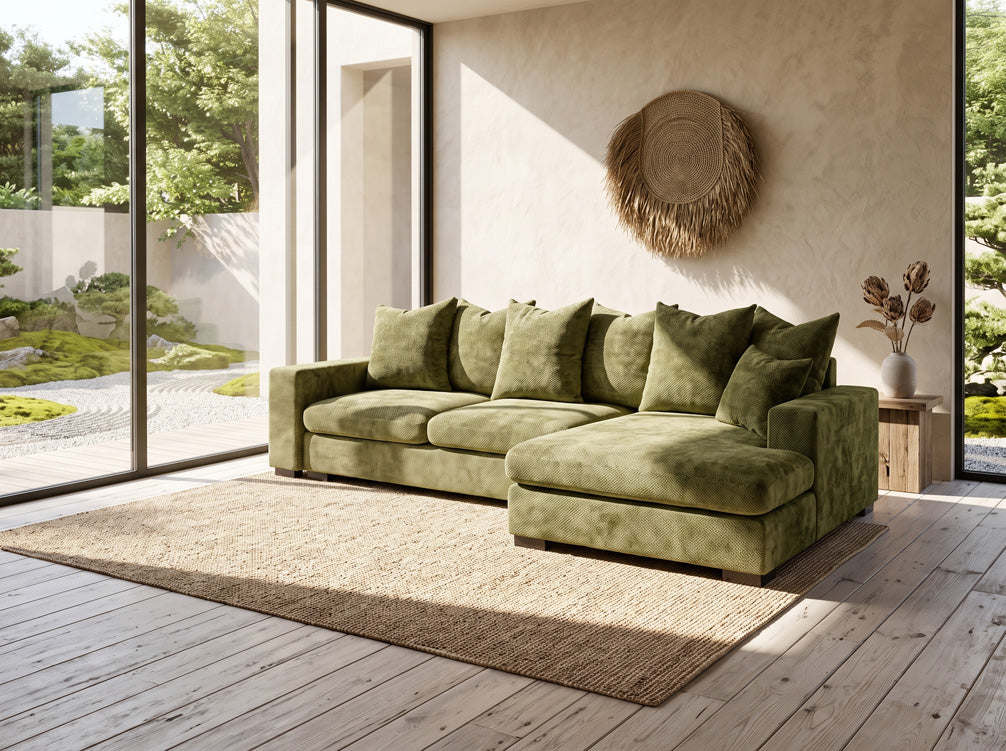 Designer sofa Selena L with sleeping function in textured fabric