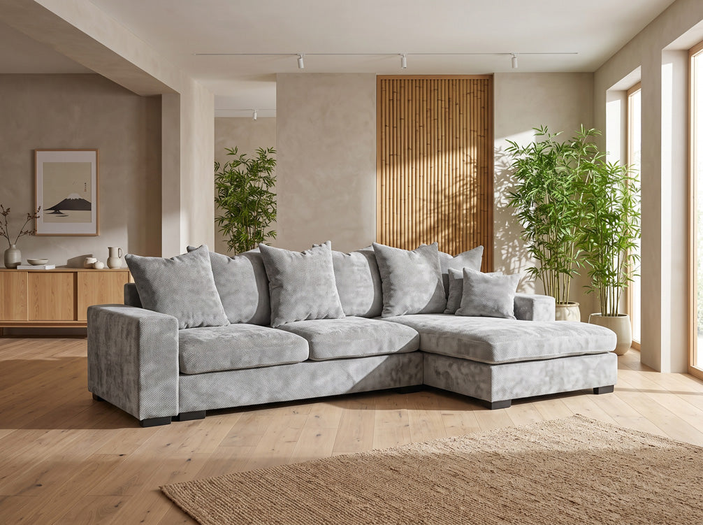 Designer sofa Selena L with sleeping function in textured fabric