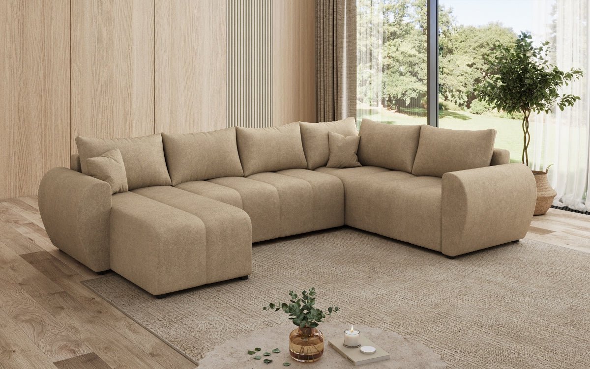 Designer Sofa Sorella U mit Schlaf- und Klappfunktion in Stoff