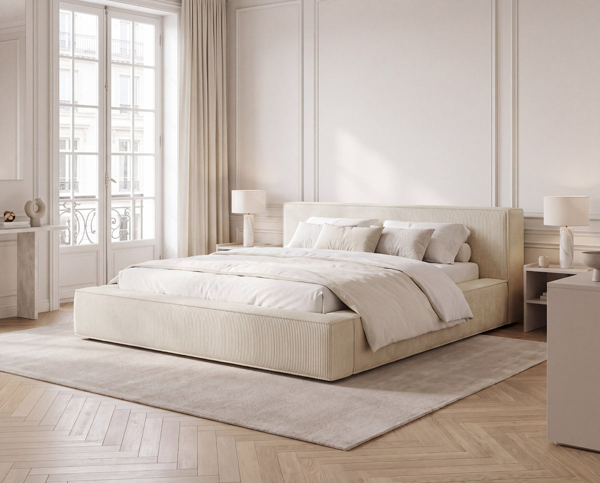 Designer Polsterbett Theo in Cord mit Stauraum – Beige