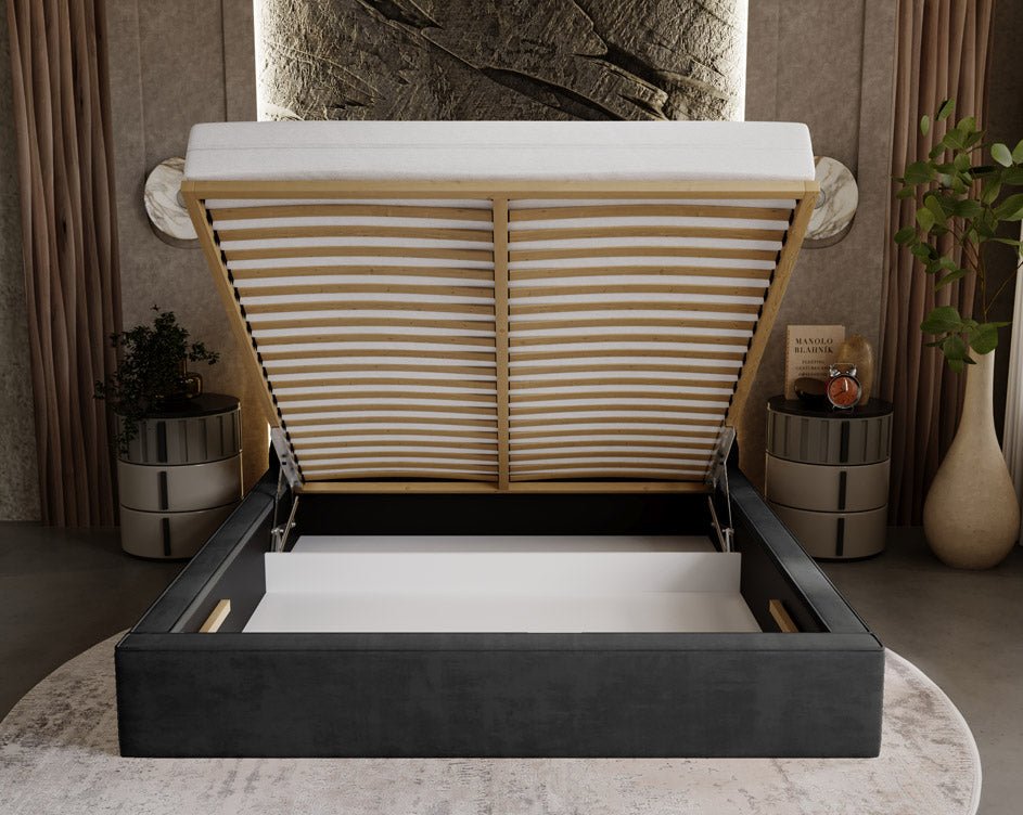 Designer upholstered bed Florentina in velvet with storage