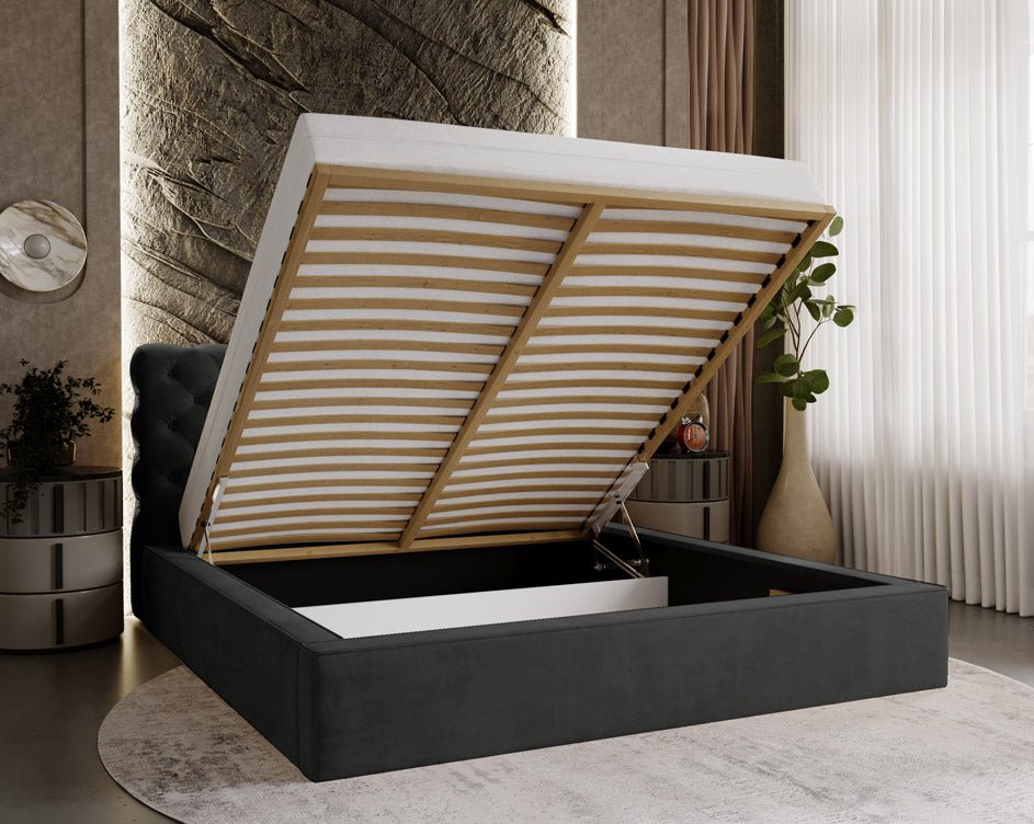 Designer upholstered bed Florentina in velvet with storage