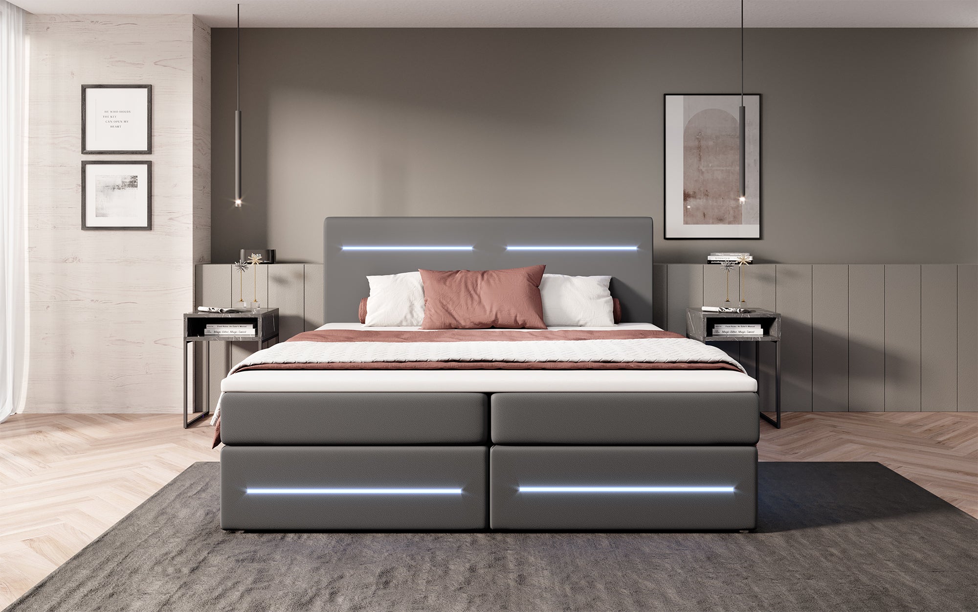 Evelyn Box Spring Bed with Storage and LED (Faux Leather)
