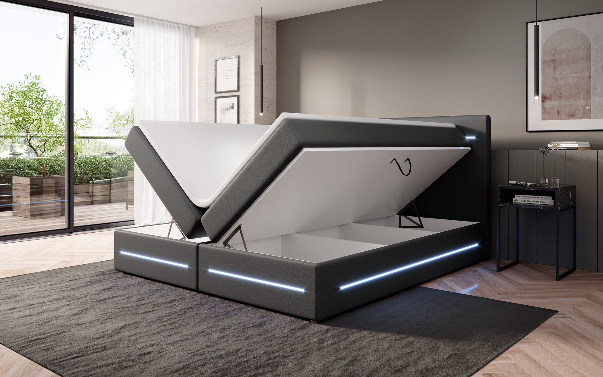 Evelyn Box Spring Bed with Storage and LED (Faux Leather)