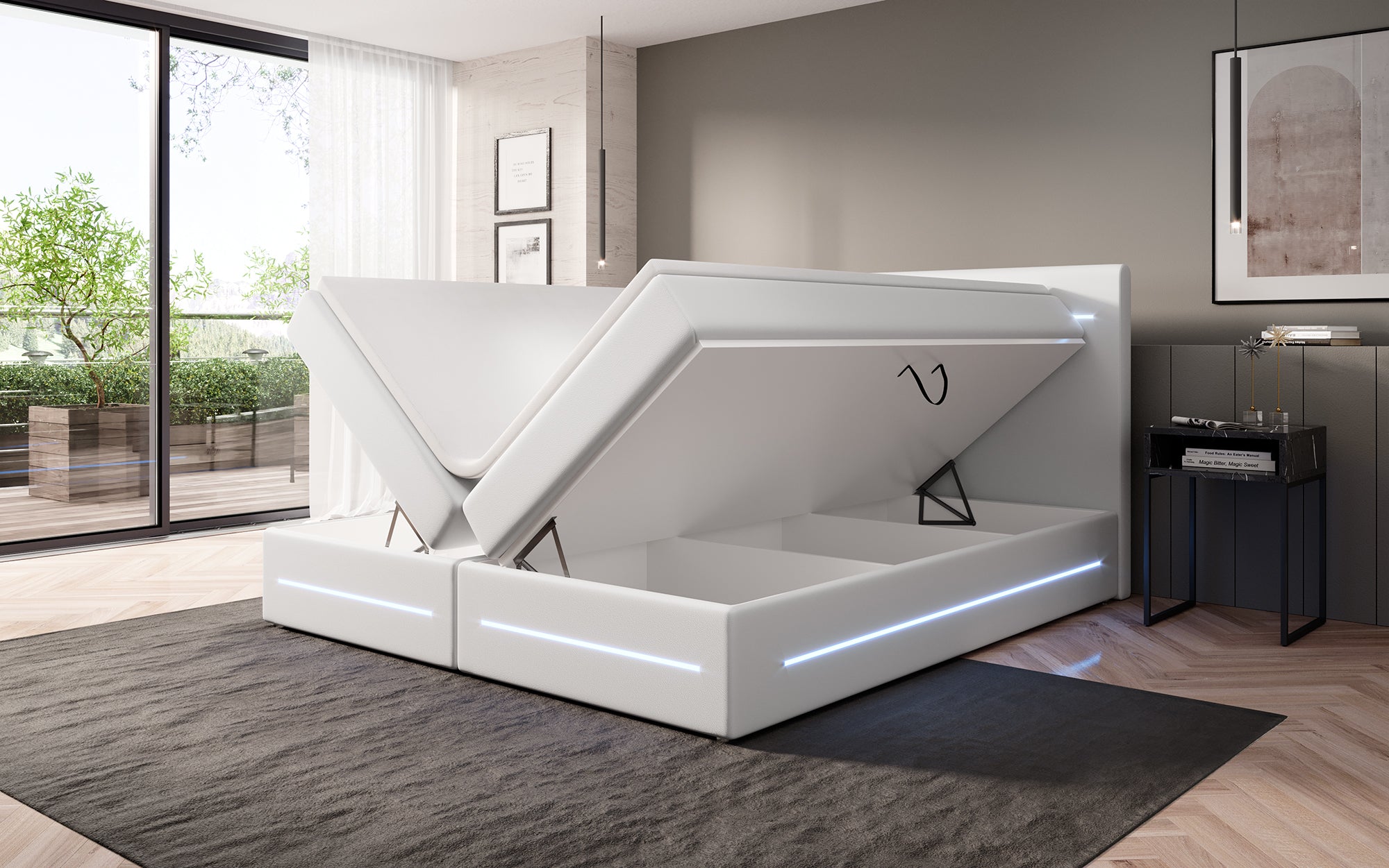 Evelyn Box Spring Bed with Storage and LED (Faux Leather)