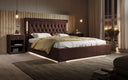 Designer upholstered bed Relina including RGB, USB, and storage