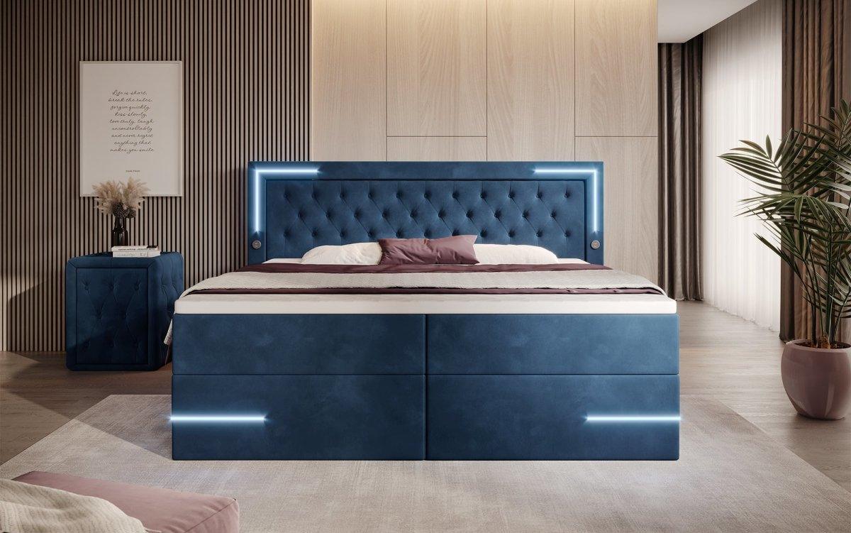 Boxspringbett Carlotta mit LED, Stauraum und USB (Samt) - Luxusbetten24